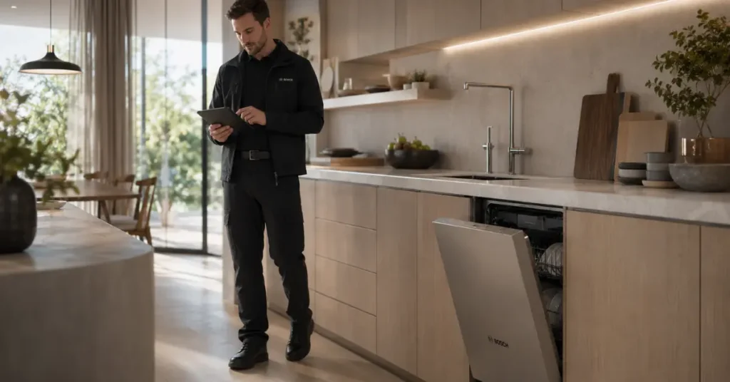 Bosch dishwasher repair technician inspecting the appliance with a tablet in a modern kitchen.