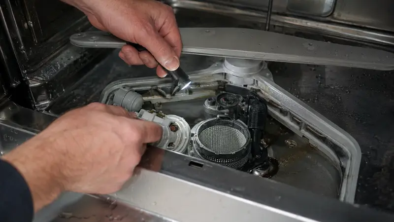 Technician inspecting the Bosch dishwasher drain pump and filter during repair service.