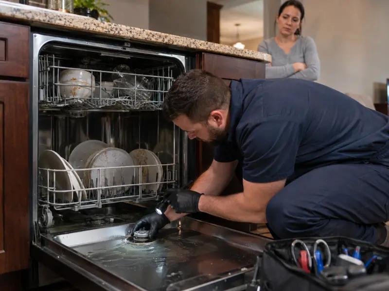 The technician is inspecting dirty dishes inside the open dishwasher with a flashlight during the Knoxville repair visit.
