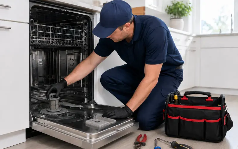 Dishwasher repair technician inspecting and cleaning the filter inside the open dishwasher in a Knoxville home.