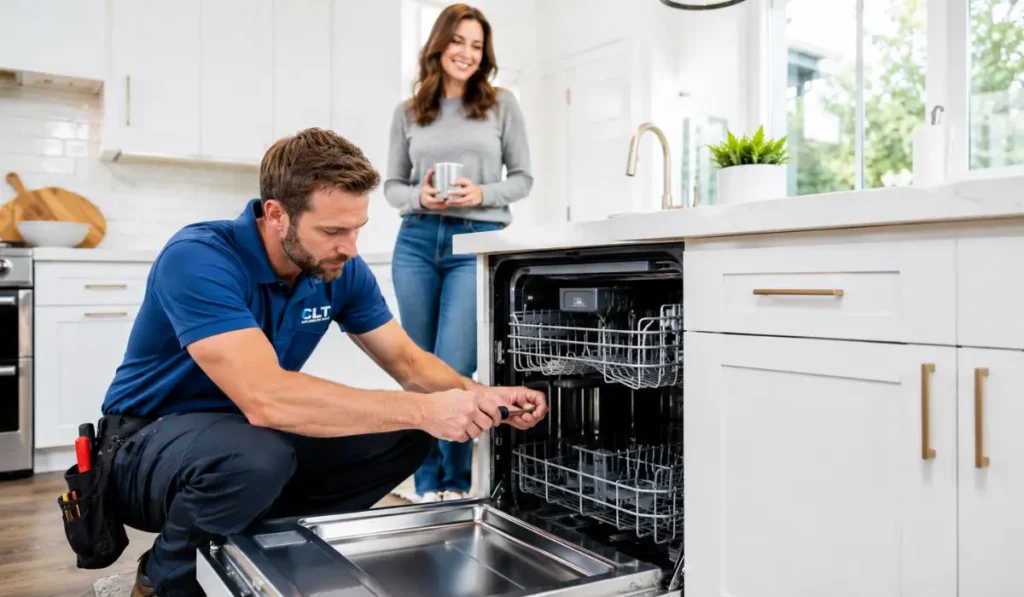 Dishwasher repair technician fixing appliance while a satisfied Knoxville homeowner watches in a modern kitchen.
