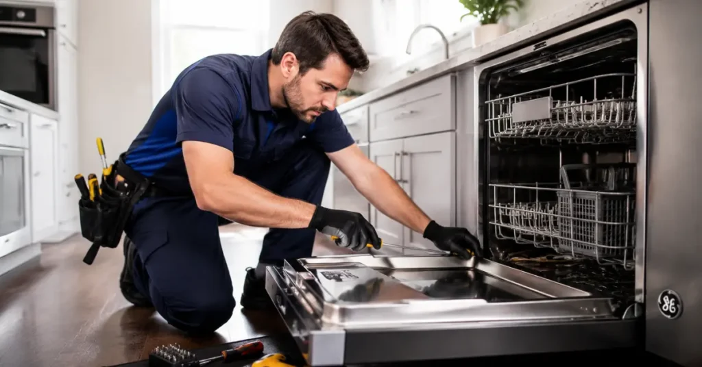 A technician in a navy blue uniform is repairing a GE dishwasher in a modern kitchen