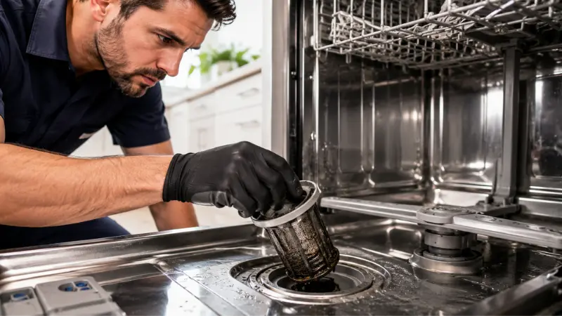 Technician cleaning a GE dishwasher filter during repair service in Knoxville, TN