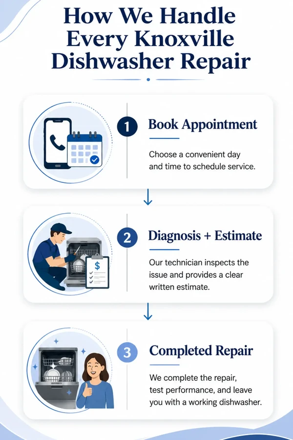 3-step dishwasher repair process: book an appointment, diagnosis, and complete repair in Knoxville.