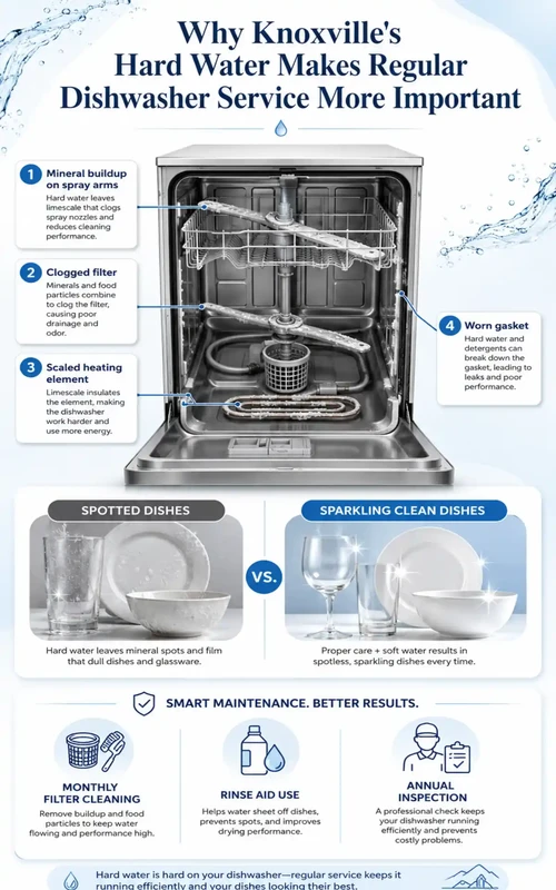 Knoxville hard water dishwasher damage infographic mineral buildup on spray arms, filter, heating element, and gasket explained.