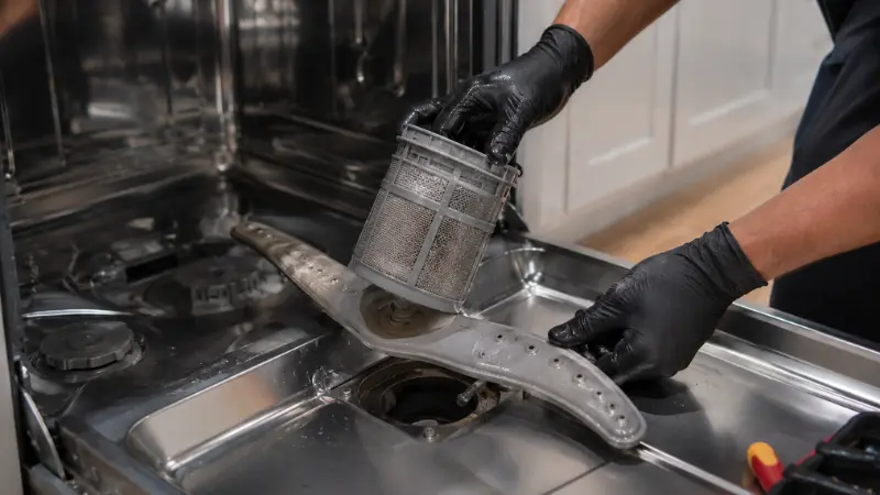 Technician removing the LG dishwasher filter and spray arm for professional cleaning and repair.