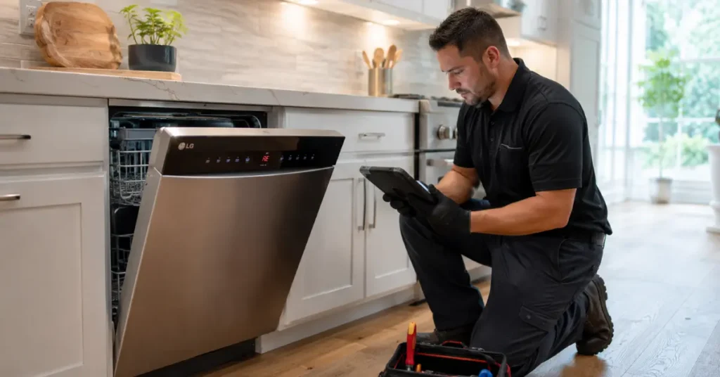 Technician diagnosing LG dishwasher error code with tablet in a modern kitchen.