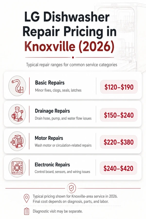 LG dishwasher repair pricing guide Knoxville 2026 basic, drainage, motor, and electronic repair costs.