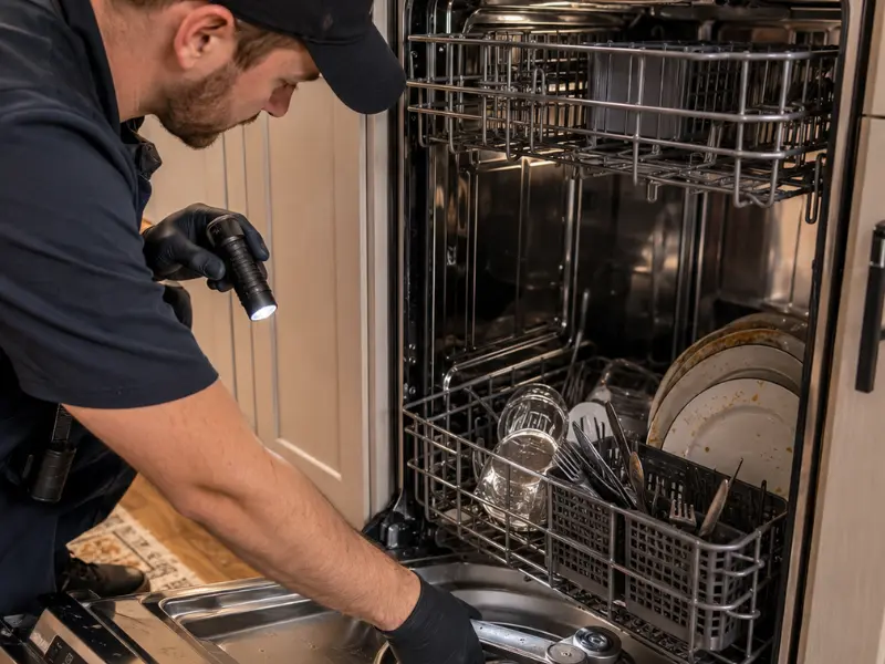 The Maytag dishwasher repair technician is inspecting the interior with a flashlight in the Knoxville home.