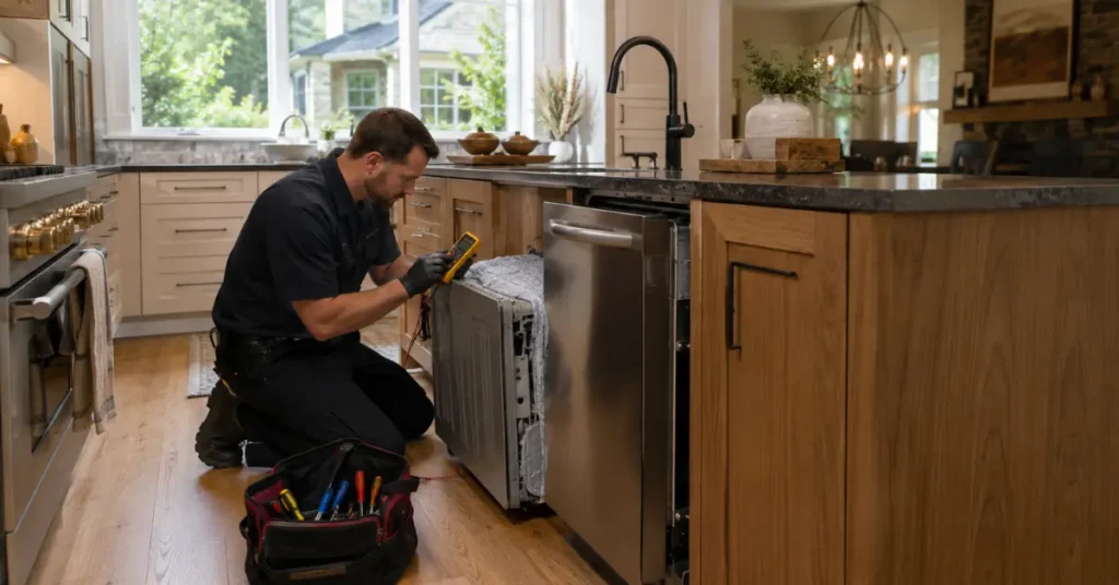 A technician using a multimeter to diagnose a Maytag dishwasher electrical issue in the Knoxville kitchen.
