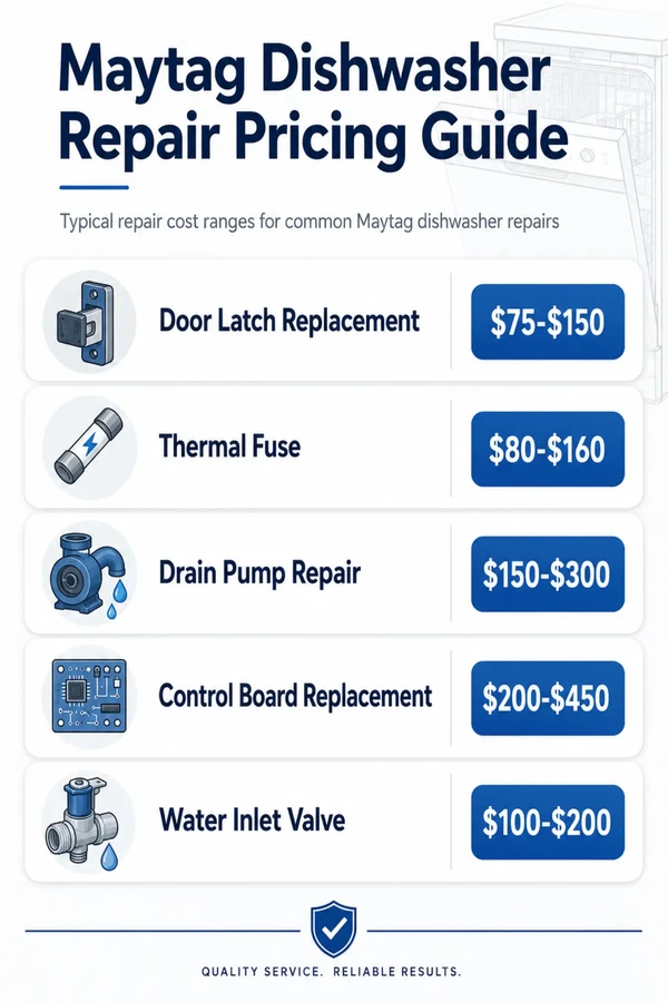 Maytag dishwasher repair pricing guide: Knoxville door latch, thermal fuse, drain pump, control board, and water inlet valve costs.