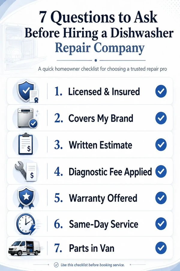 7 questions to ask before hiring a dishwasher repair company, homeowner checklist for Knoxville, TN.