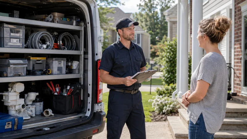 Trusted dishwasher repair technician with a fully stocked service van, discussing repair with Knoxville homeowner.