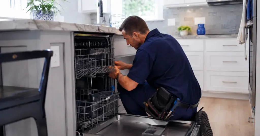 A professional technician repairing a Whirlpool dishwasher rack in a modern kitchen.