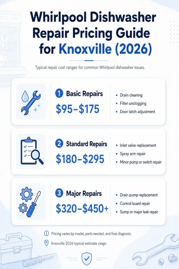 Whirlpool dishwasher repair pricing guide Knoxville 2026 basic, standard, and major repair costs.