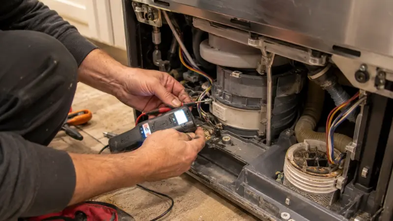Certified technician using diagnostic tools to inspect Whirlpool dishwasher electrical components.