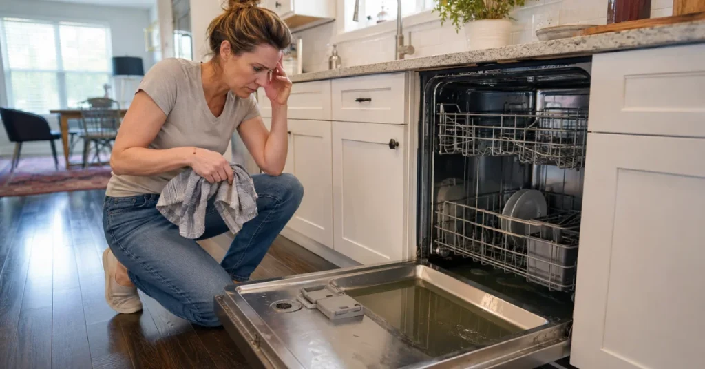 Knoxville homeowner looking at standing water inside dishwasher that is not draining.